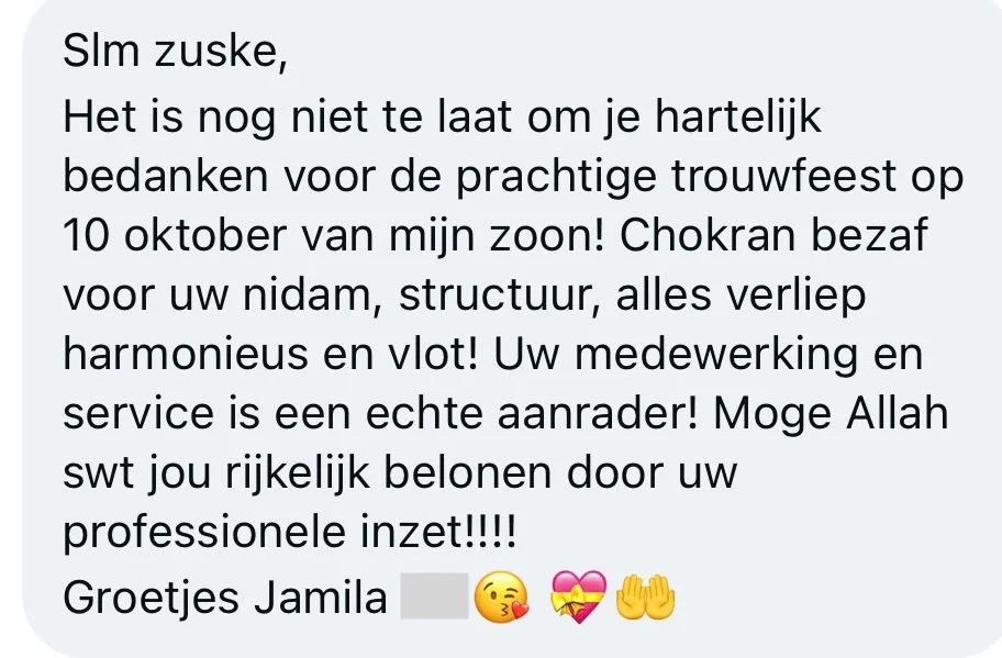 Tekstbericht in het Nederlands met vriendelijke dankbetuiging, complimenten en emojis.
