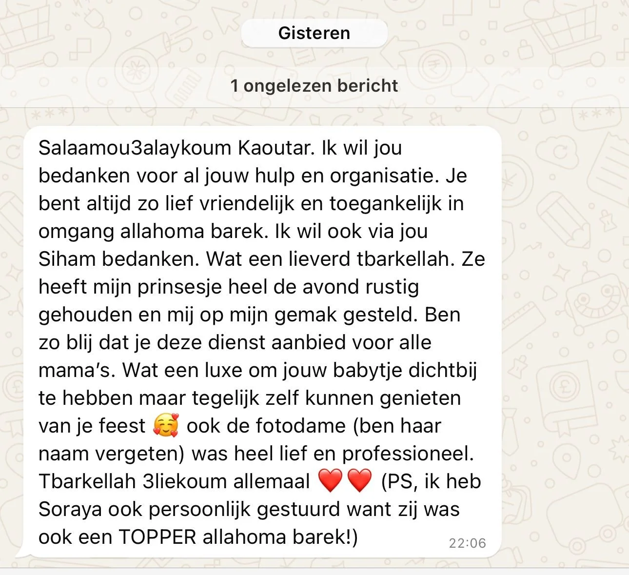 Screenshot van een WhatsApp-gesprek met een bedankbericht in het Nederlands, waarin iemand haar waardering uit voor hulp en organisatie, en haar liefde voor een bepaalde persoon uitdrukt.