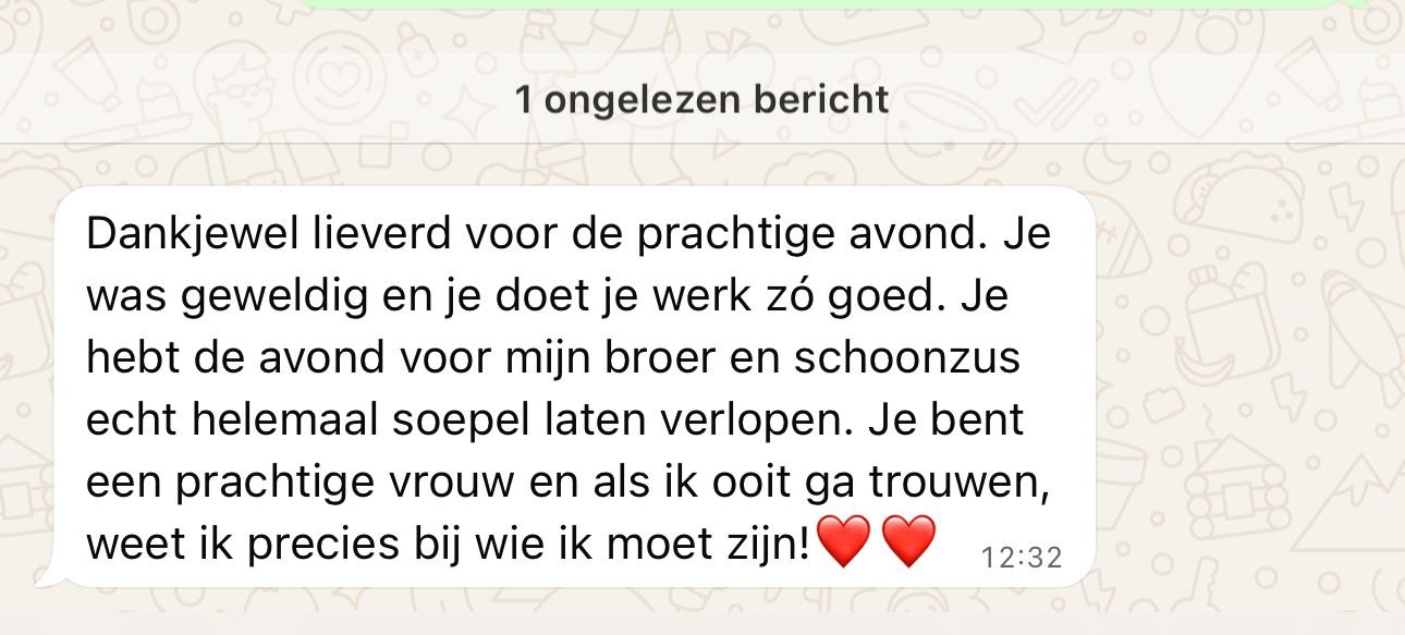 Screenshot van een WhatsApp-bericht met een bedankbericht in het Nederlands.