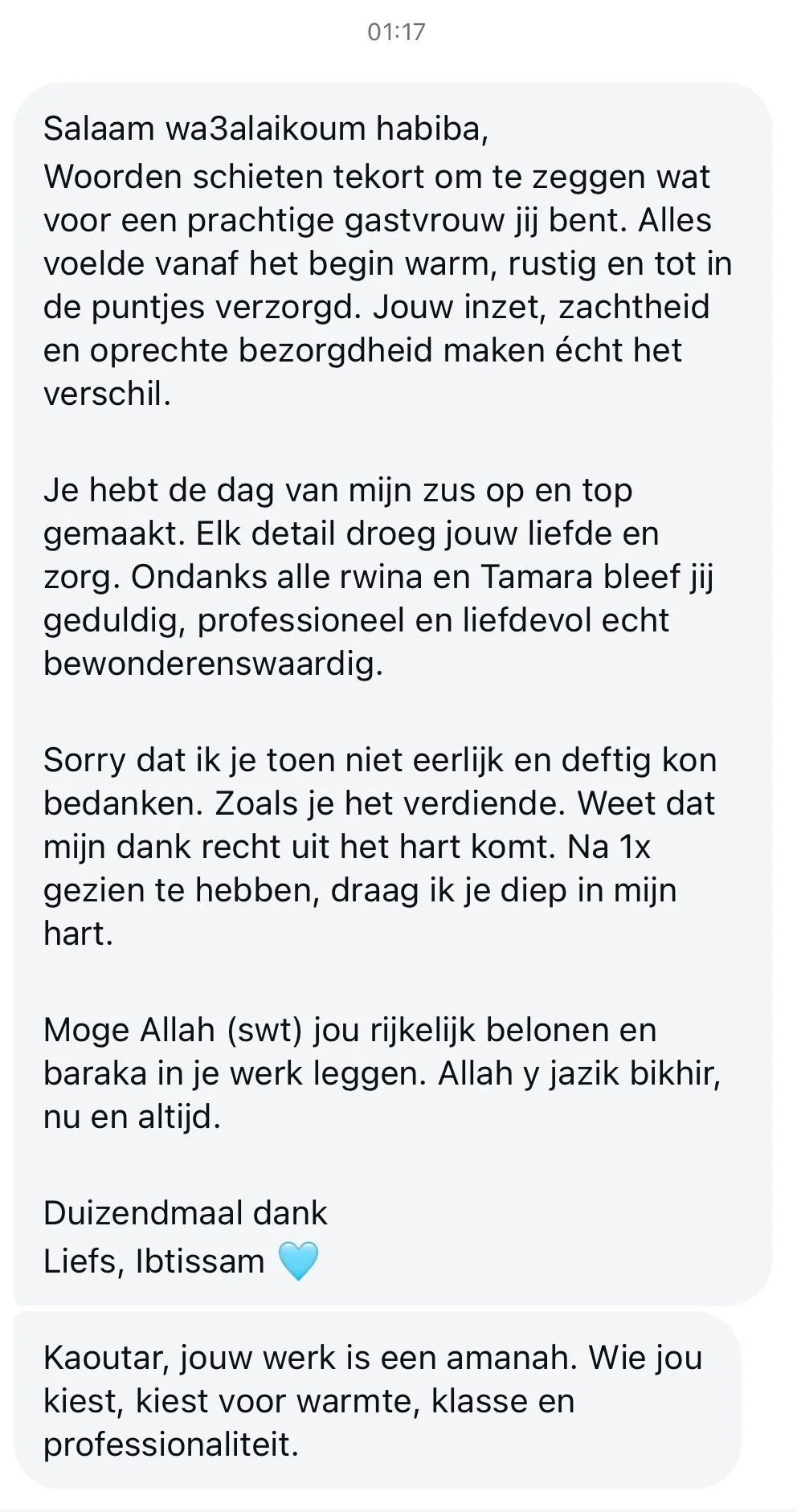 Een liefdesbrief of goede wensen geschreven in het Nederlands, met woorden van waardering, dankbaarheid en zegeningen.