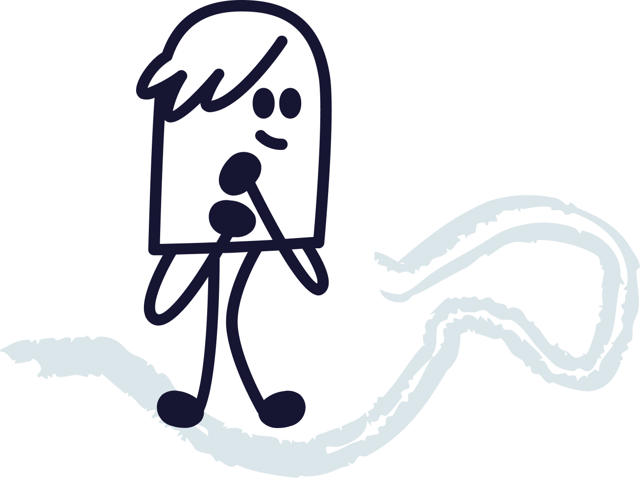 A simple line drawing of a person singing or speaking into a microphone, standing on a curved, wavy line, with their hair and body outlined in dark blue and the line extending beneath them in light blue.