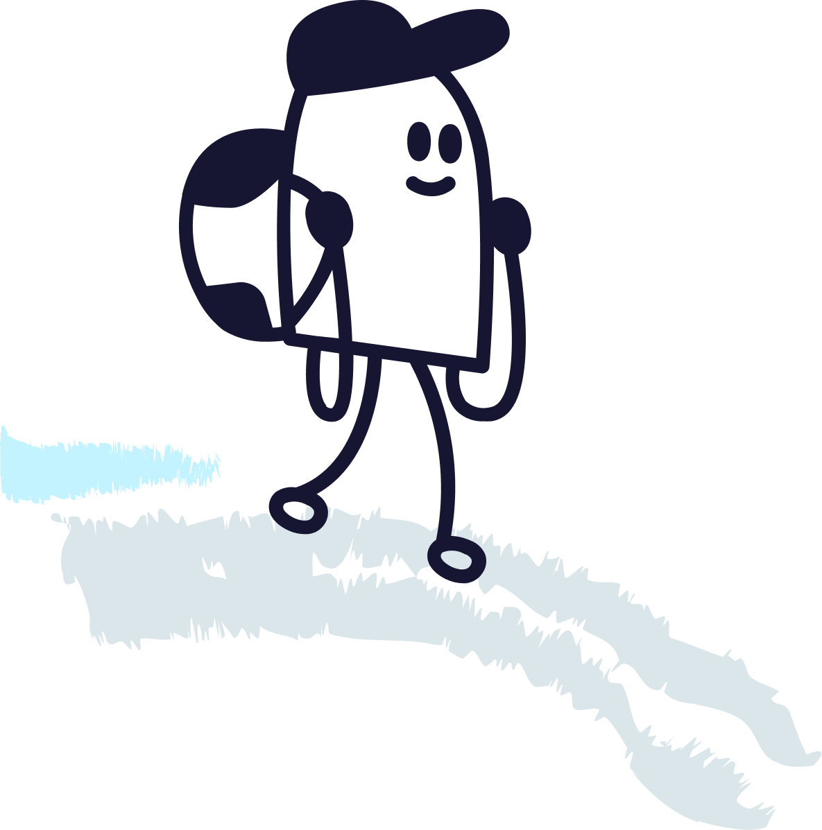A simple line drawing of a person walking on a trail with a backpack and hat against a dark background.