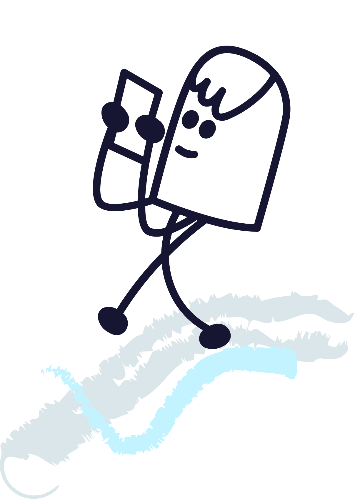 A simple line drawing of a person with headphones, holding a smartphone, sitting on a large ear with a microphone, representing listening to music or a podcast.