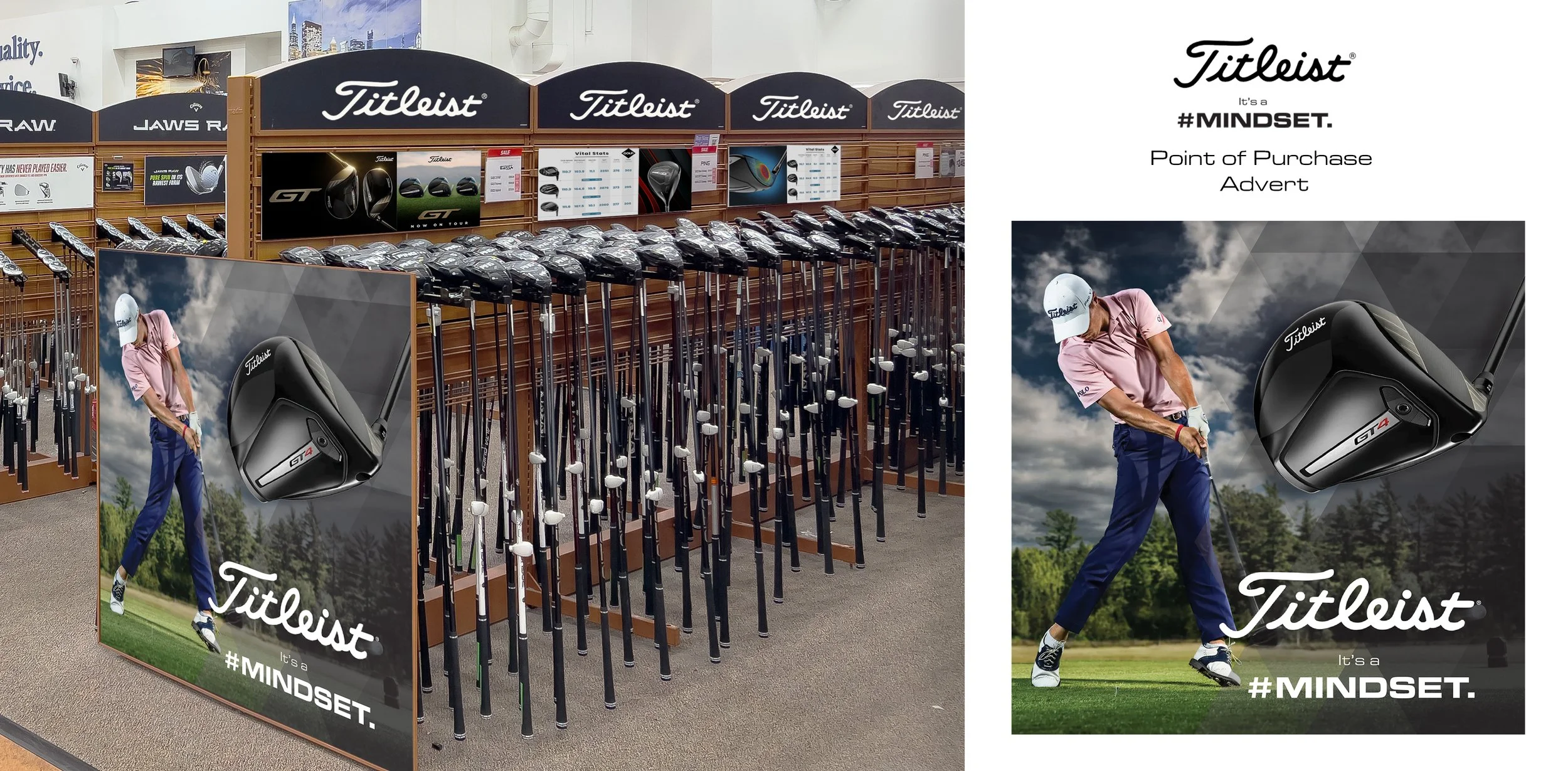 Display of golf clubs and a promotional poster for Titleist golf products. The poster features a golfer in a pink shirt and blue pants swinging a golf club, with a large golf driver clubhead floating beside her. The text on the poster reads "Titleist