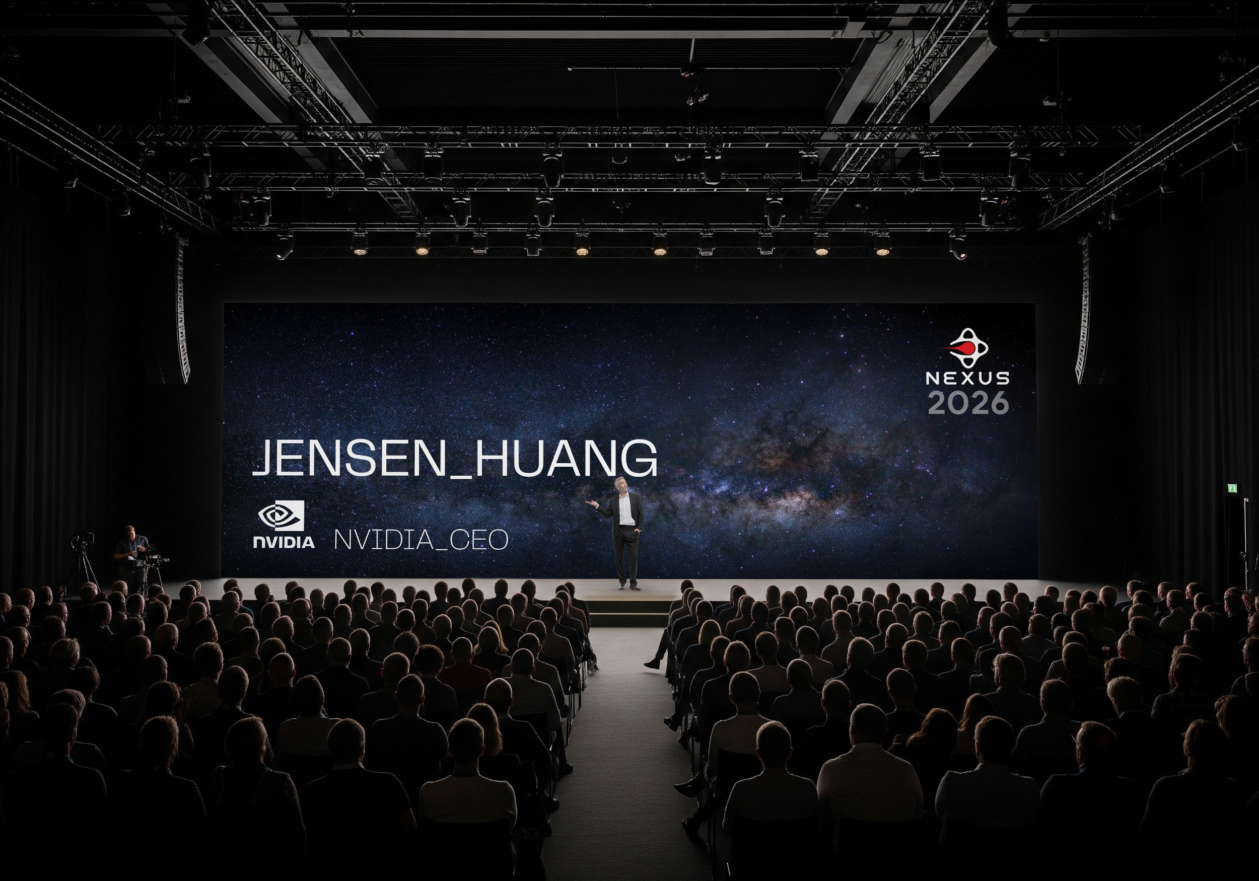 A conference or presentation with a speaker on stage in front of a large screen displaying the name Jensen Huang, Nvidia CEO, during the NEXUS 2026 event. The audience is seated and facing the stage, and the dark setting features a starry sky backgro