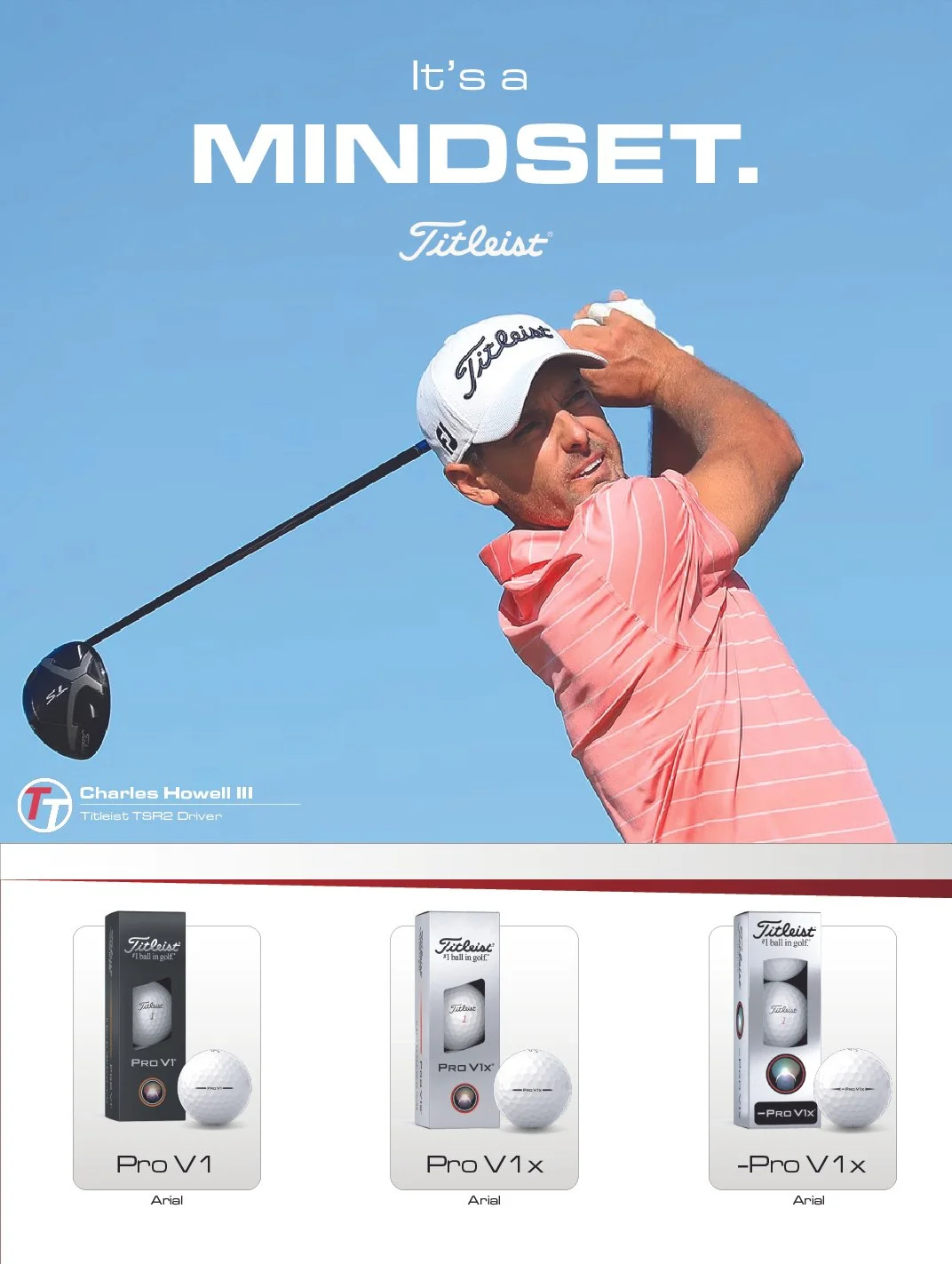 A golfer in a pink striped shirt and white cap about to hit a golf ball, with text saying 'It's a MINDSET.' and pictures of Titleist golf balls and boxes at the bottom.