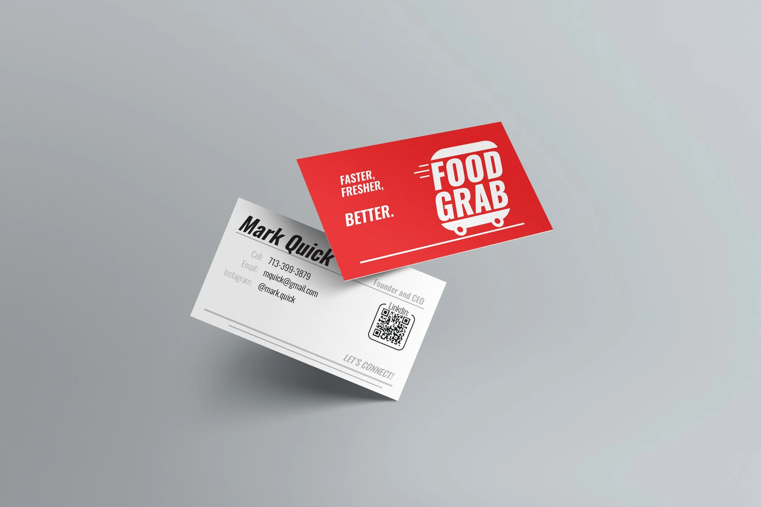 Business cards for Mark Quick and Food Grab on a gray background, with one card in red and white and the other in white and black.