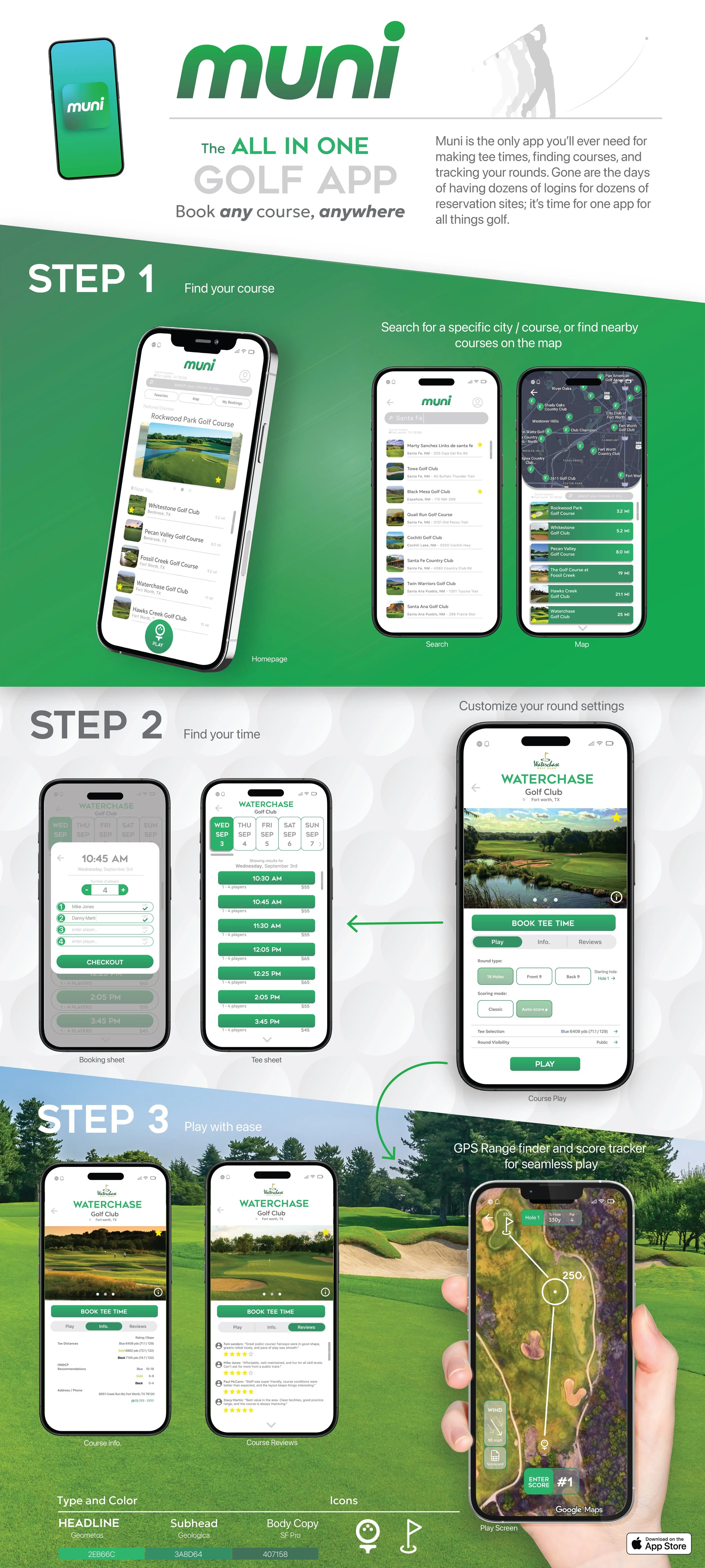 Instructional infographic for the Muni golf app, showing steps to find a course, book a tee time, and play. Step 1 displays searching for golf courses on a mobile app, Step 2 shows selecting a tee time, and Step 3 depicts playing golf with GPS tracki