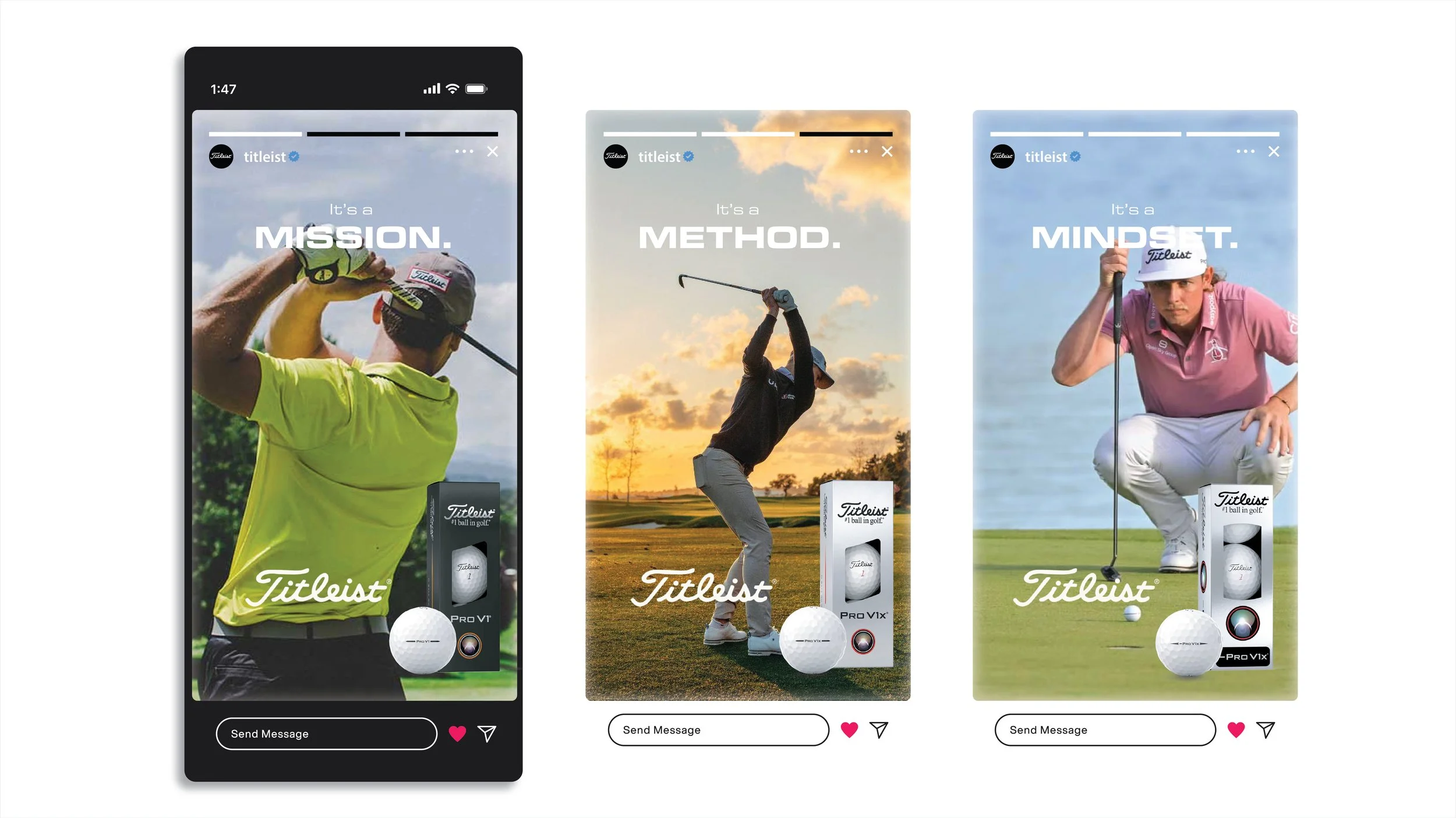 Three digital advertisements featuring golfers, each with a different background: a man swinging a golf club on a sunny day, a golfer mid-swing during sunset, and a woman putting on a golf course. Each ad displays a box of Titleist golf balls and the