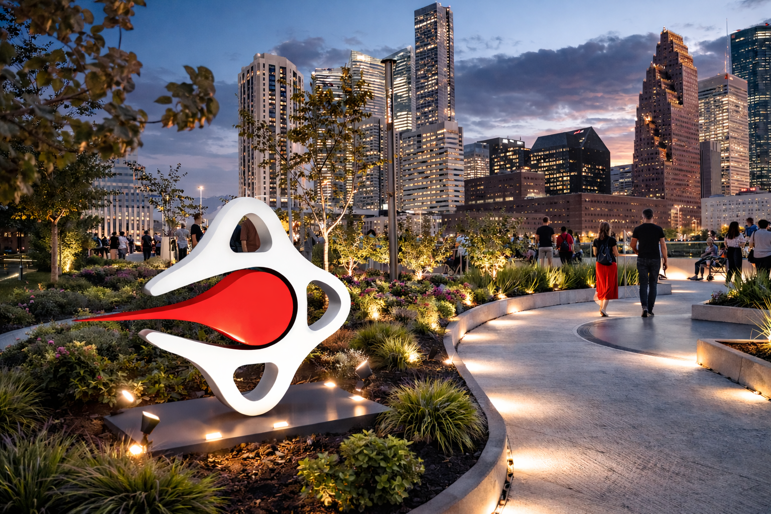A modern city park at dusk with people walking and sitting. In the foreground, there is a large abstract sculpture resembling a gear with a red interior. The background features tall skyscrapers with illuminated windows against a partly cloudy sky.
