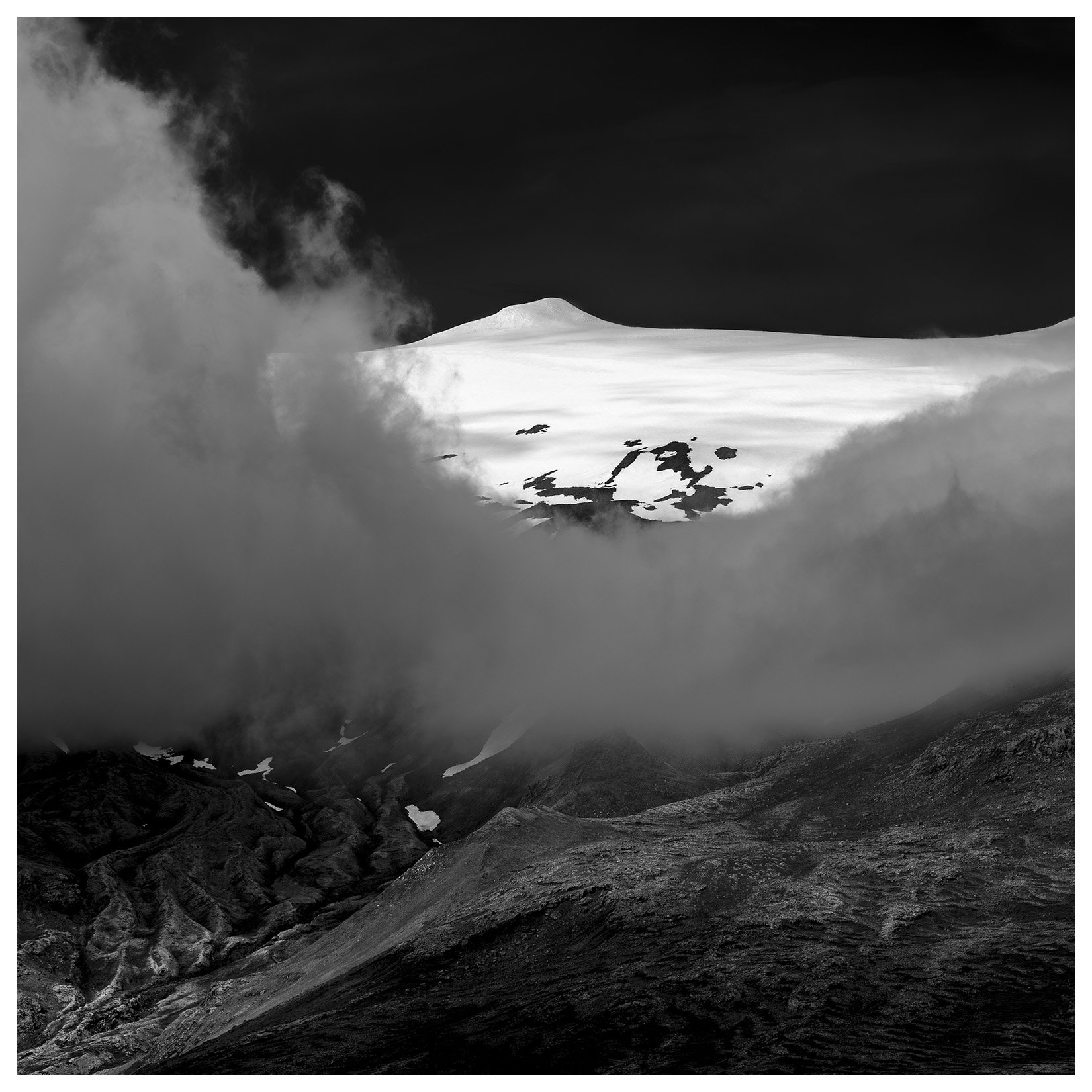 Fine Art Black and White Landscape photograph of Snaefellsjokull glacier.