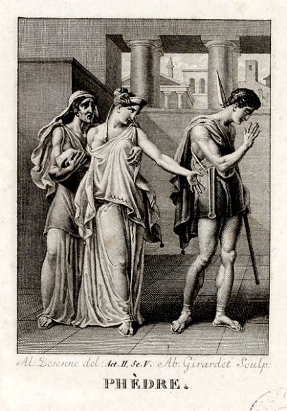 Drawing of three biblical figures, two women and one man, standing outdoors with buildings and columns in the background. The man appears to be in distress or prayer, while the women look at him.