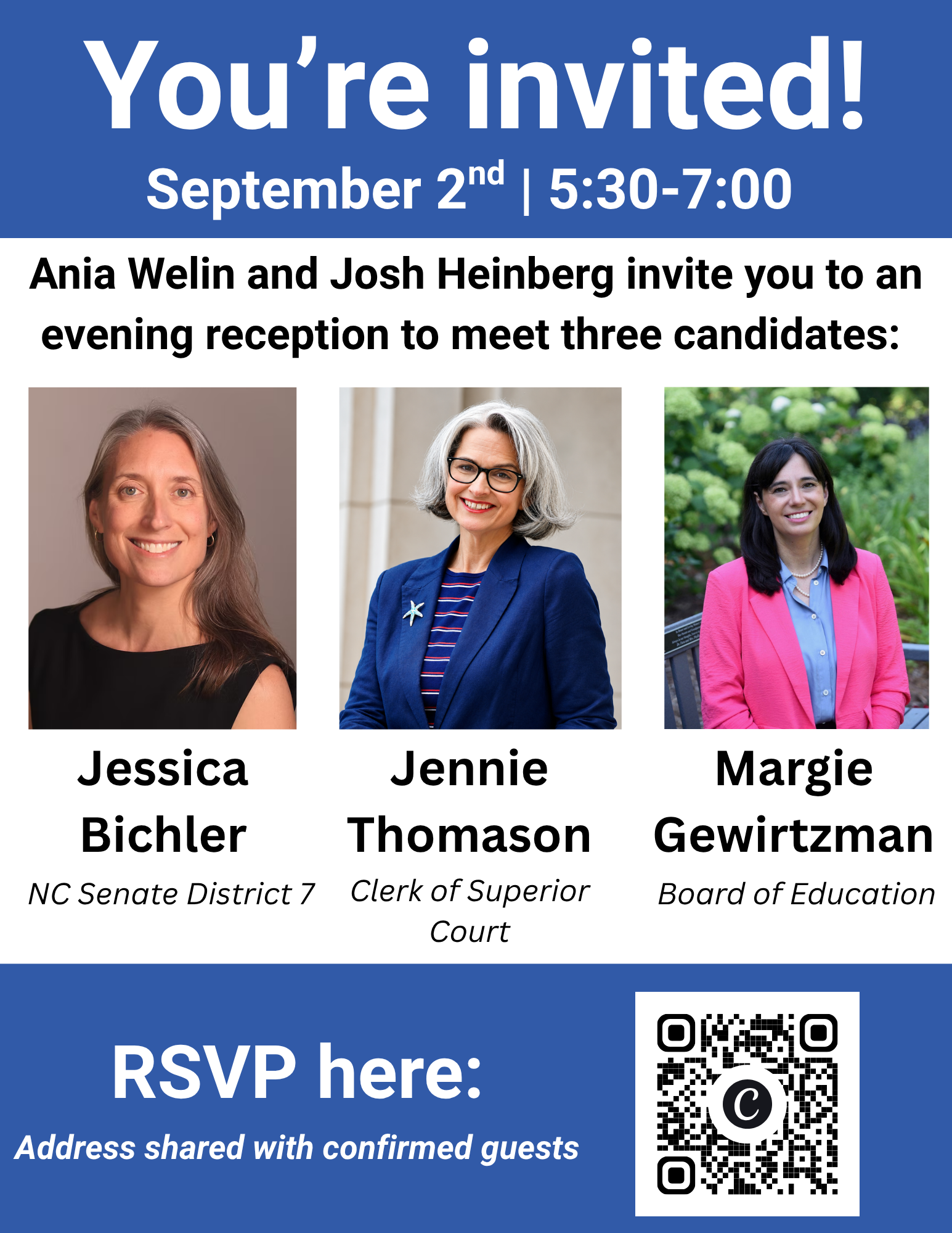 Ania Welin and Josh Heinberg invite you to an evening reception to meet three candidates