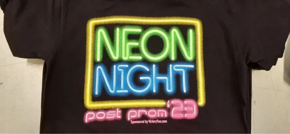 Screen-printed NEON NIGHT post prom tee-shirt