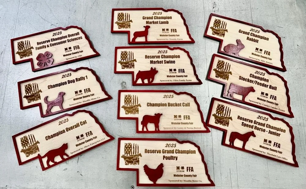 Lasered Nebraska plaques made for the 2025 Webster Co Fair