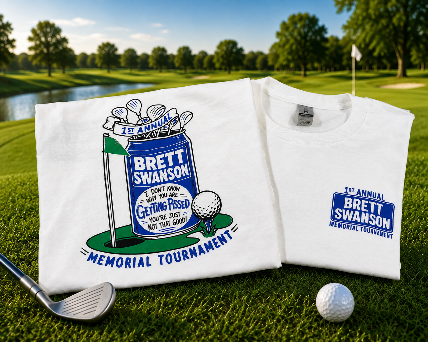 Screen-Printed T-shirts with golf tournament logo and message, a golf club, and a golf ball on grass at a golf course with trees and a water hazard in the background.