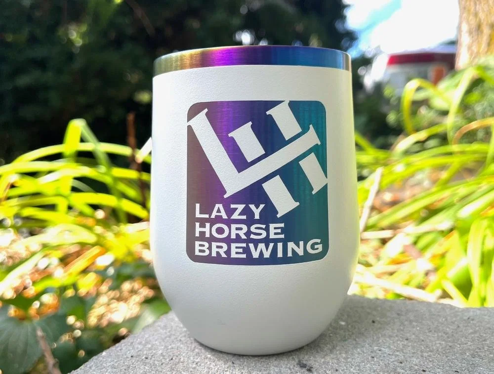 Lasered wine tumbler for Lazy Horse Brewing.