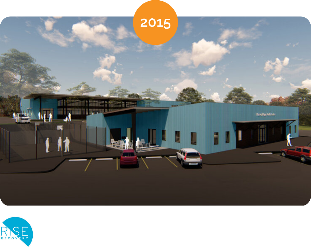 Digital rendering of a blue industrial or community building with an outdoor seating area, parking lot, and people walking around, dated 2015, associated with RSE Recovery.