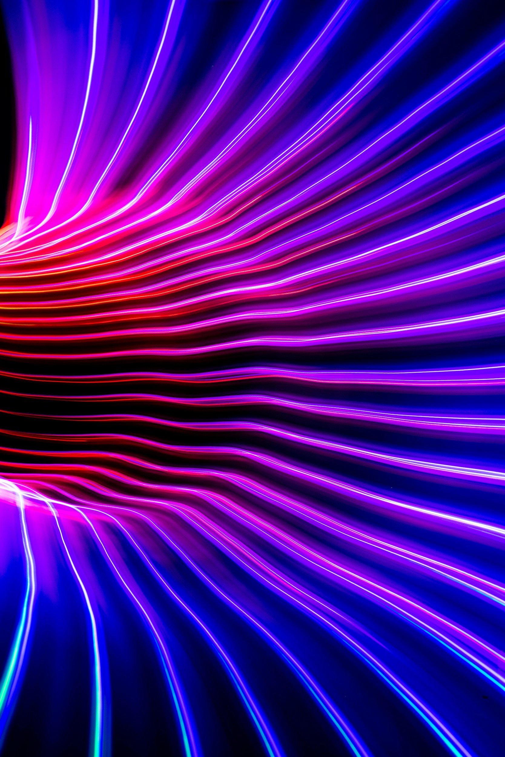 Long exposure photo of colorful neon light trails in shades of pink, purple, red, blue, and green, creating flowing, curved lines.