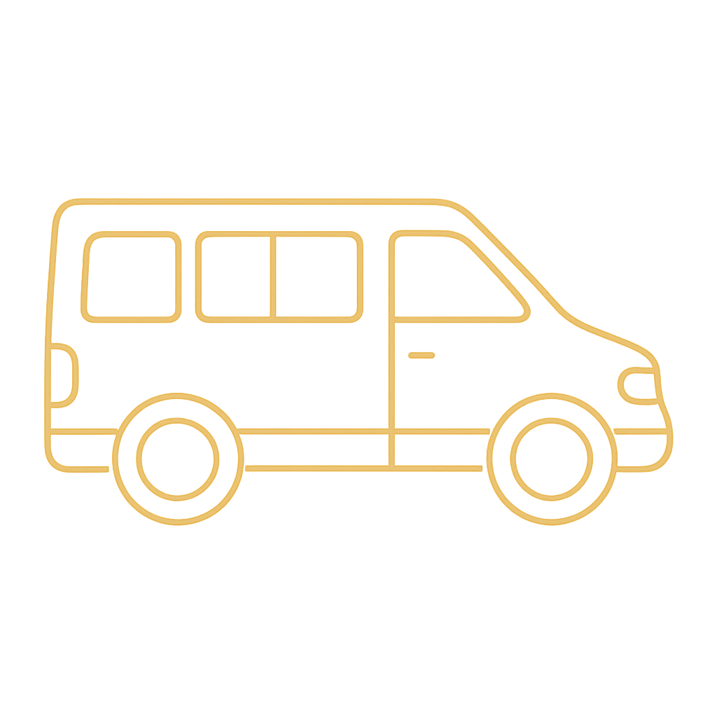 Outline illustration of a yellow school bus with windows and wheels, viewed from the side.