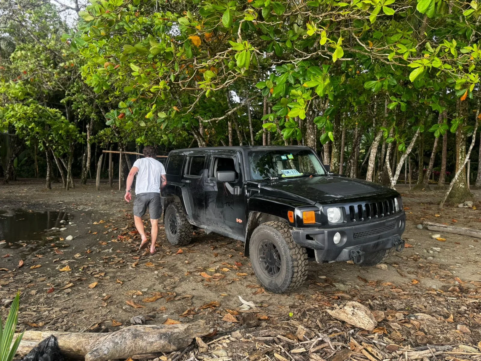 A black Jeep parked on a dirt ground covered with leaves and wood debris in a forest. A man wearing a white t-shirt and gray shorts is walking towards the Jeep from the left side. There are lush green trees with broad leaves in the background.