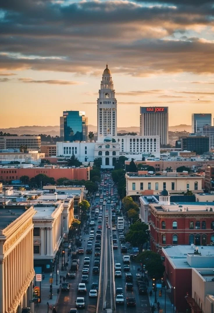 A cityscape at sunset with a prominent tall white building, the California State Capitol, in the center, surrounded by modern office buildings, busy streets, and cars.