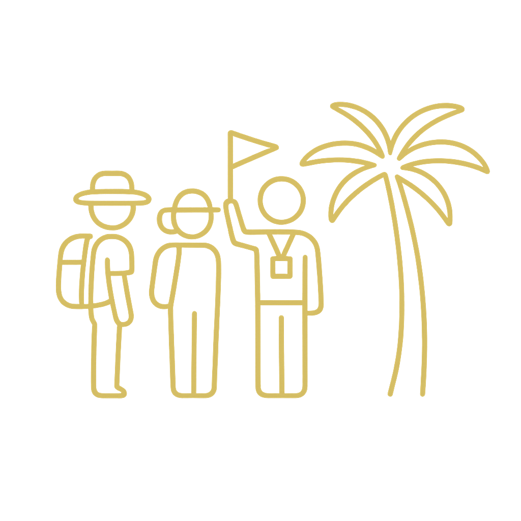 Gold outline illustration of three travelers with backpacks and hats, one person holding a flag, standing next to a palm tree on a black background.