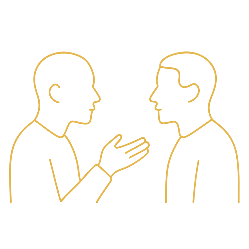 Line art illustration of two people having a conversation. One person is gesturing with their hand while speaking to the other.