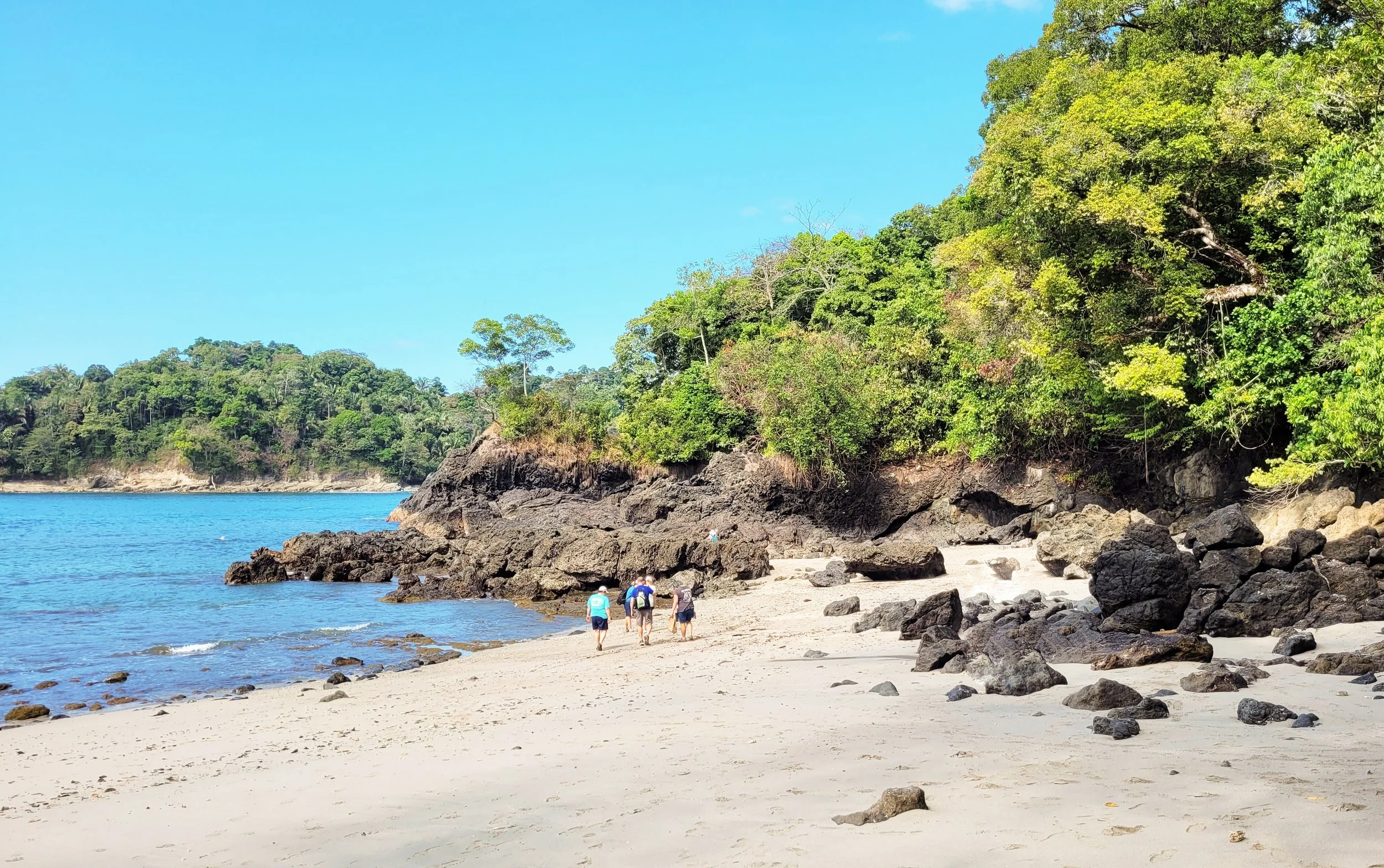 People walking on a sandy beach next to rocky shoreline with green trees and hills in the background under a clear blue sky.