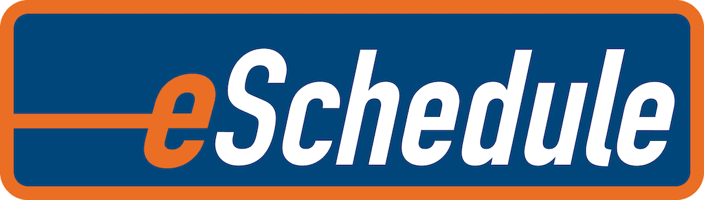 The logo of eSchedule with a blue background, white and orange text, and an orange border.