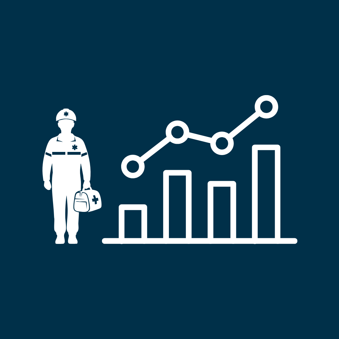 Silhouette of a healthcare worker with a stethoscope and medical bag next to a rising bar graph with a line chart overlay on a dark blue background.