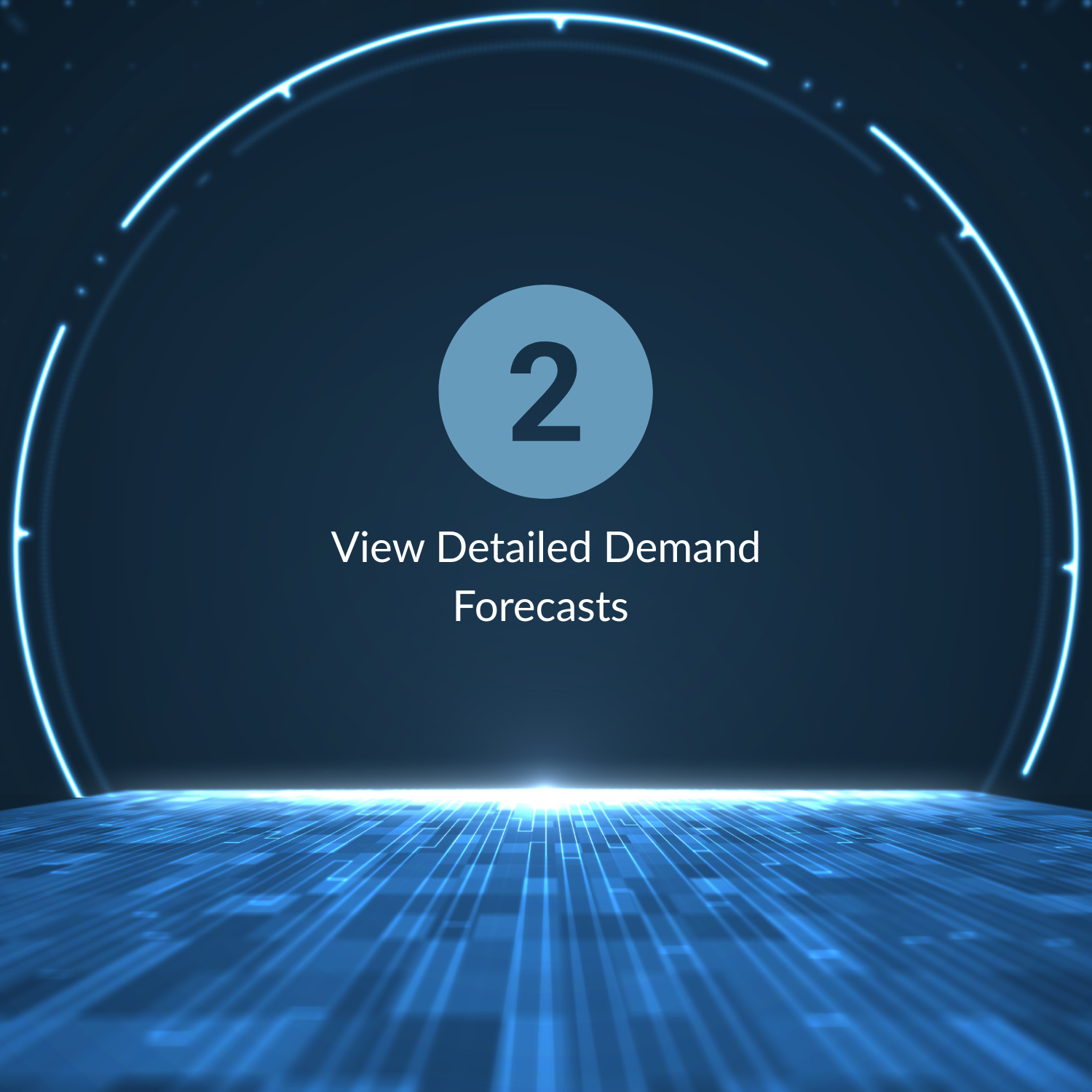 Digital blue futuristic display with a large number 2 and the text 'View Detailed Demand Forecasts'