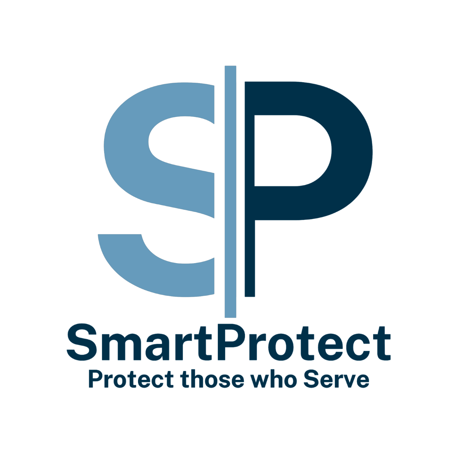Logo for SmartProtect featuring a stylized dollar sign divided into two colors with a vertical line, accompanied by the text "SmartProtect" and the slogan "Protect those who Serve."
