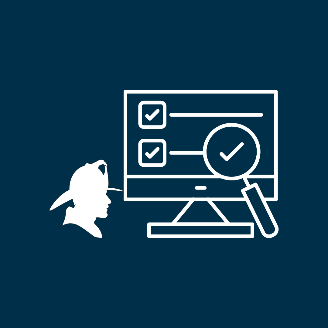 Line drawing of a computer monitor with checkboxes, a magnifying glass highlighting a check mark, a woman with a ponytail looking at the screen, on a dark blue background.