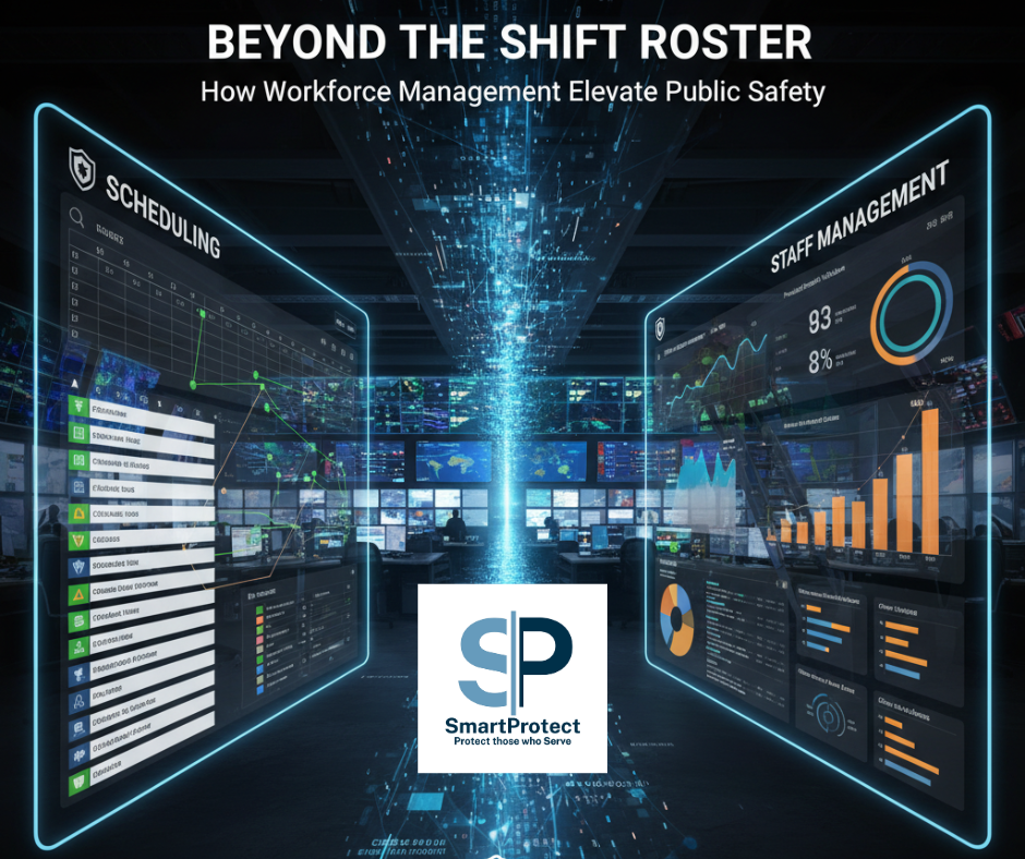 Futuristic control room with digital dashboards showing workforce management, scheduling, staff metrics, and data analytics, with the SmartProtect logo at the bottom center.