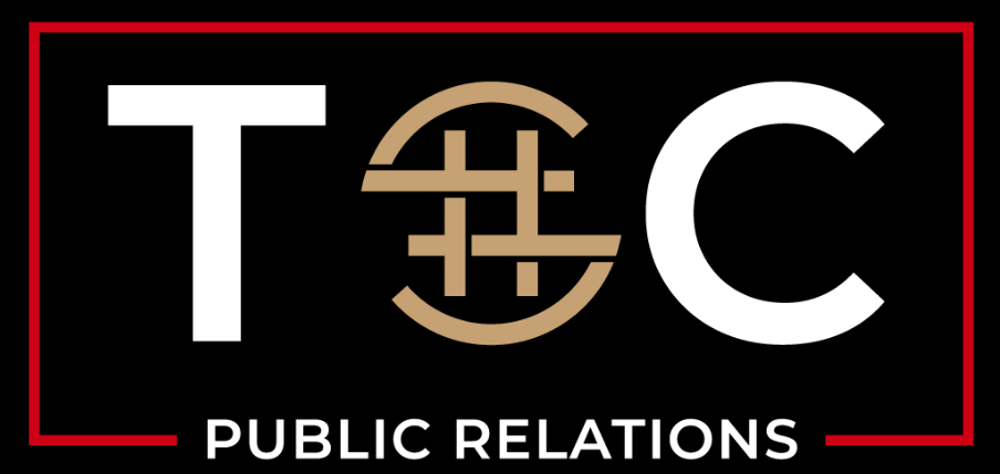 Logo for TSC Public Relations with a red border, large white letters T and C, and a stylized circular design in the middle.