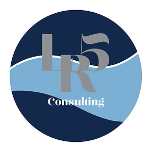 Logo with the text "LR5 Consulting" on a dark blue circular background with wave-like design elements