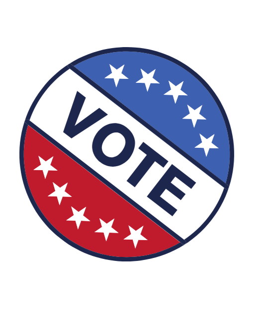 Circular VOTE badge with blue and red sections, white stars, and the word 'VOTE' in bold black letters.