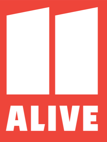Red background with two white vertical rectangles and the word 'ALIVE' in bold white letters at the bottom.