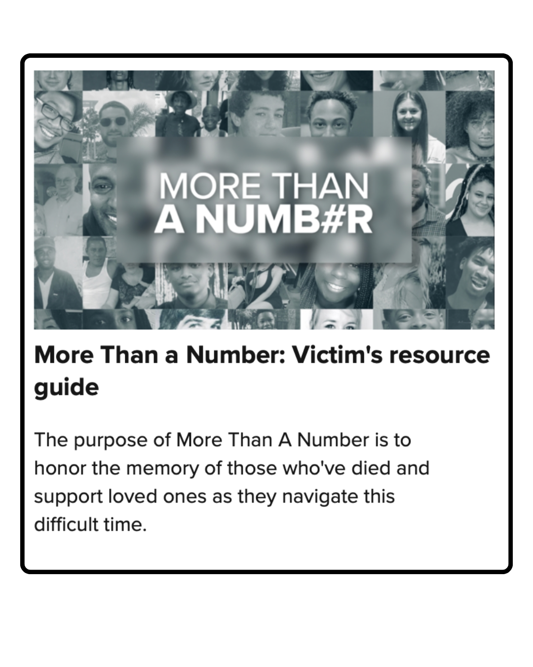 Cover image for a resource guide titled 'More Than a Number: Victim's resource guide.' The background contains a collage of diverse people's faces, and the text emphasizes that victims are more than just a number.