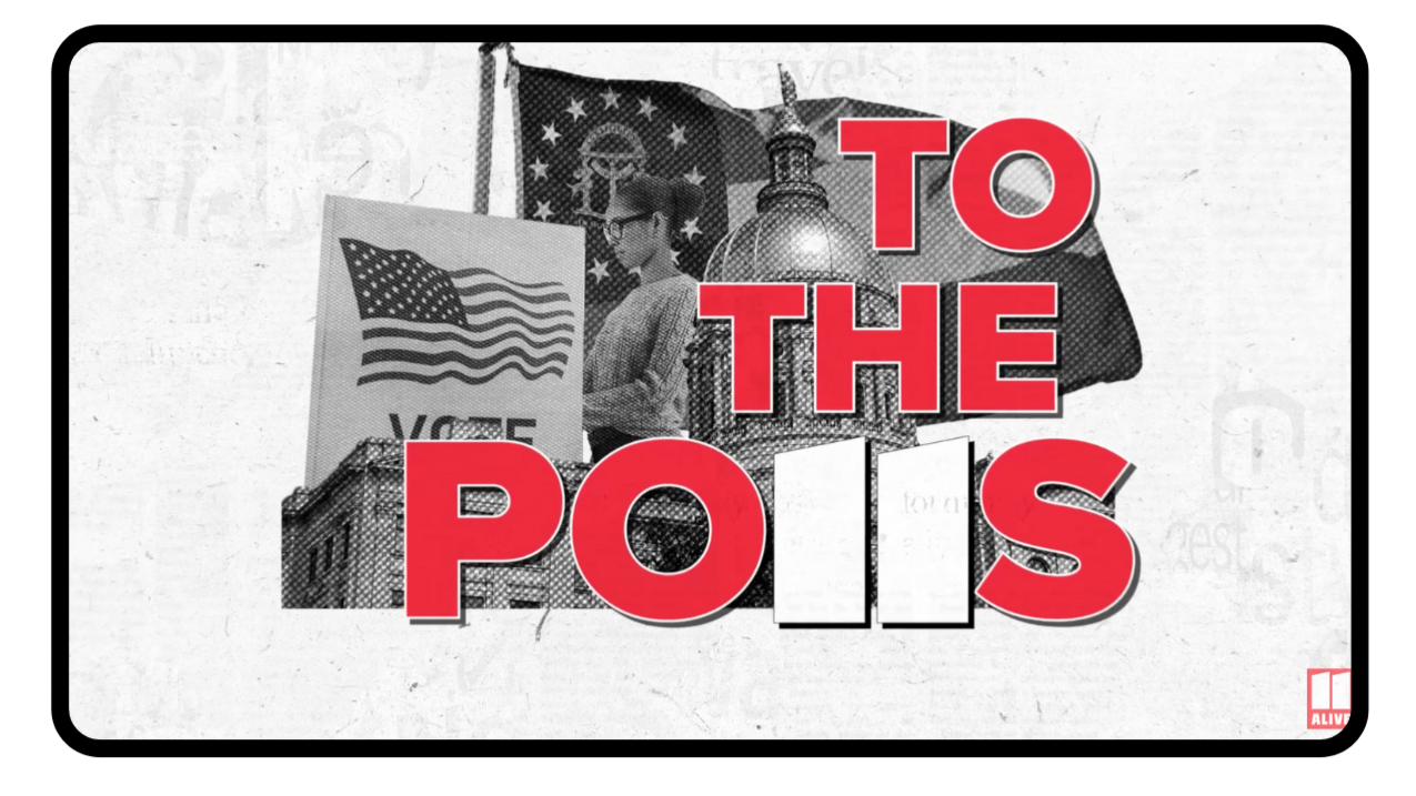 Black and white image with the text "TO THE POLIS" in red and white, showing a woman holding an American flag at a protest or rally, with American flags, a political sign, and buildings in the background.