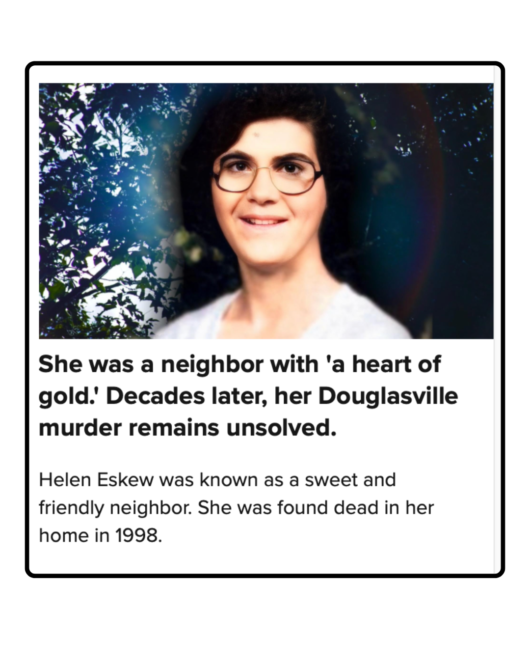 Photograph of a woman with dark curly hair, glasses, and a friendly expression, standing outdoors with trees in the background, accompanied by a news headline and a brief story about her murder.