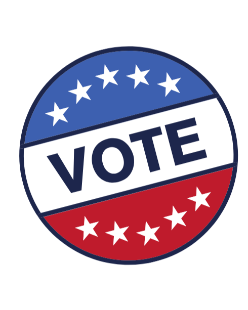 A circular political button with red, white, and blue colors, featuring stars and the word 'VOTE' in the center.