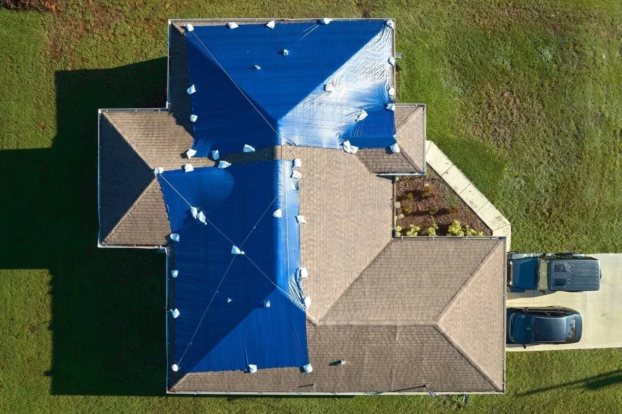 Close-up view of an old, weathered tiled rooftop with moss and lichen growth.