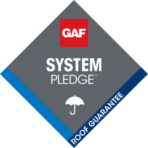 GAF System Pledge Roof Guarantee logo with an umbrella icon.