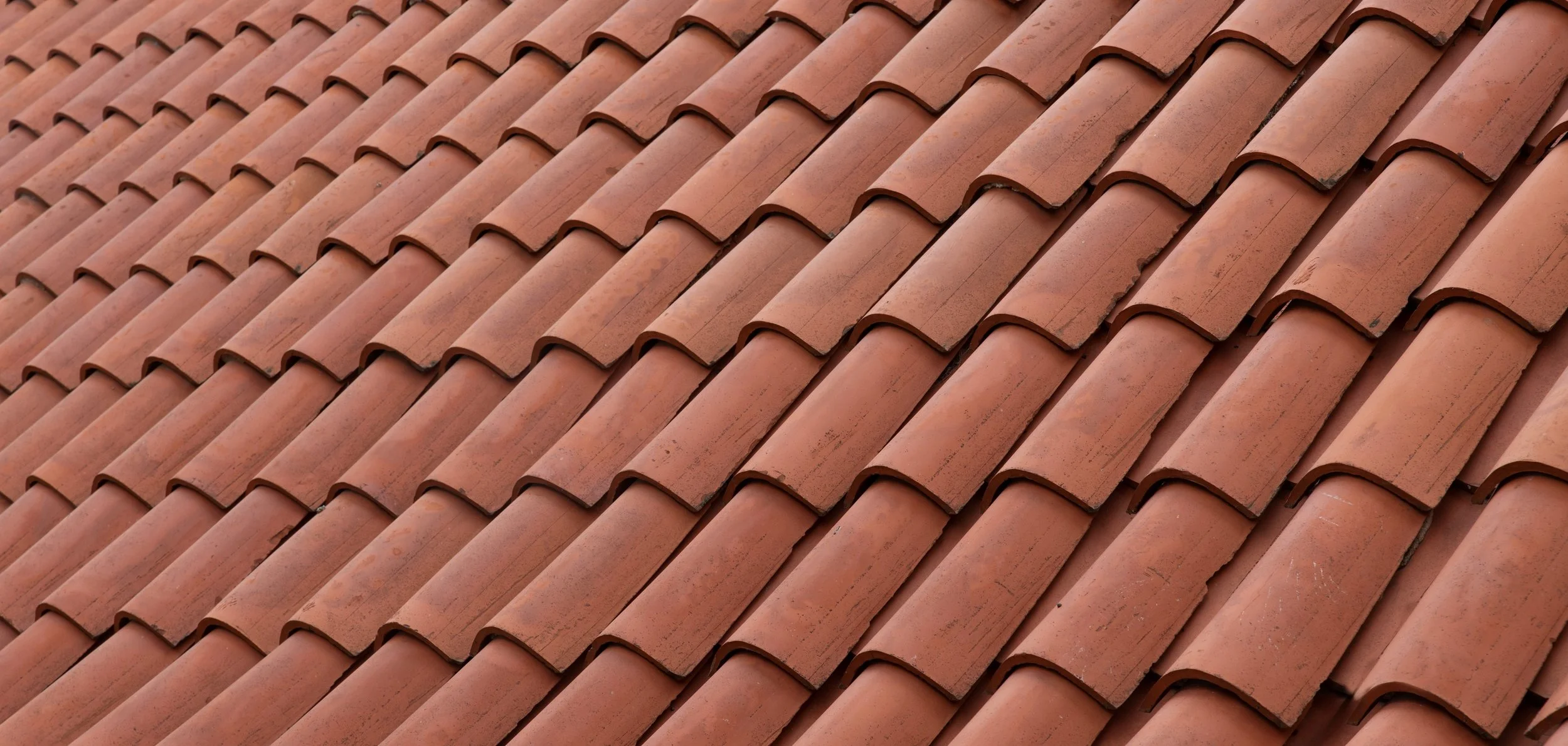 Close-up view of an old, weathered tiled rooftop with moss and lichen growth.