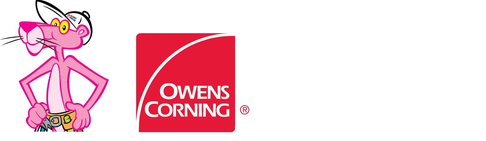 Logo with a cartoon pink cat with glasses and a white hard hat, standing with hands on hips, beside a red square with white curved line and the text "OWENS CORNING"; bold white text reading "PREFERRED CONTRACTOR".