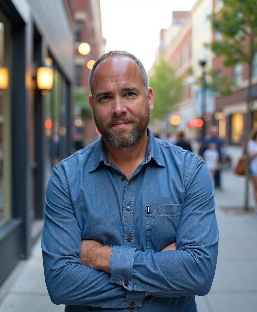 A man with a beard and blue shirt standing with crossed arms on a city street.