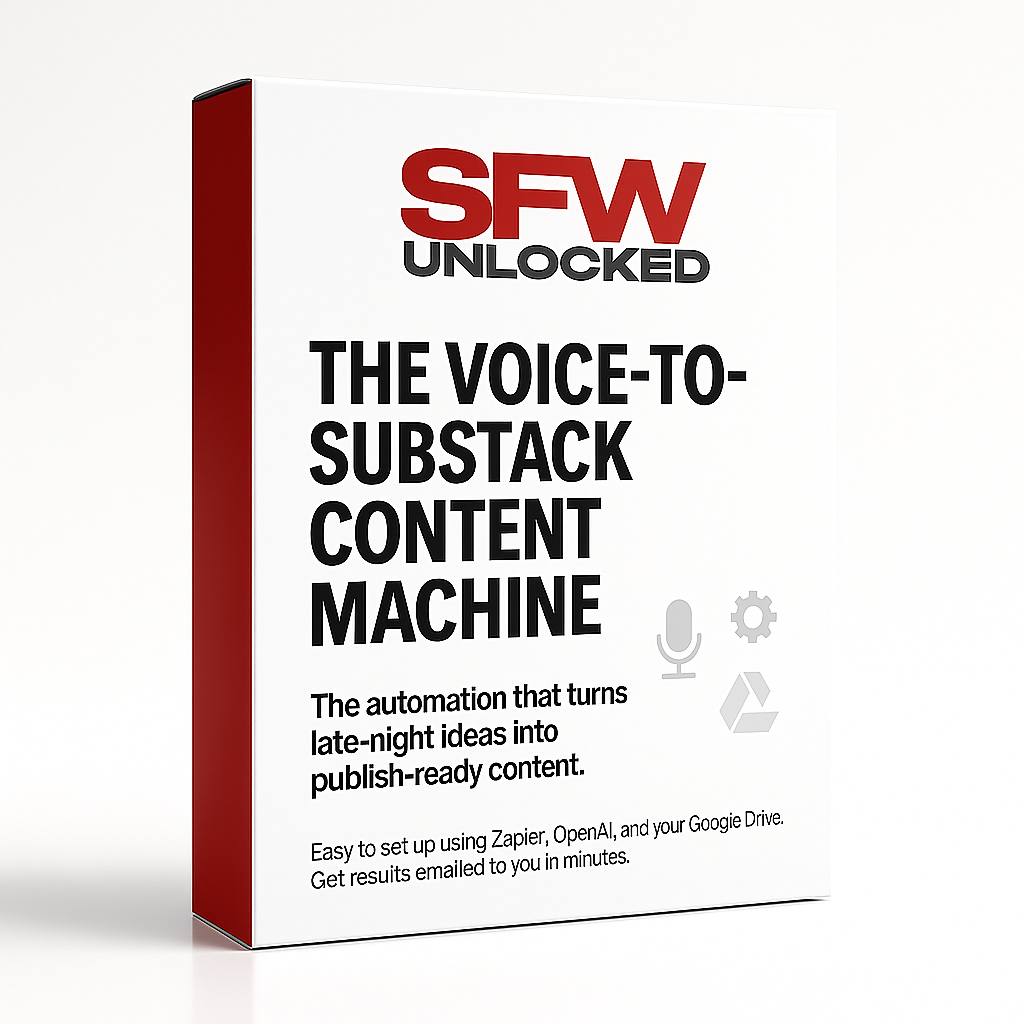 Product box for SFW Unlocked, a voice-to-substack content machine for automating publishing of late-night ideas using Zapier, OpenAI, and Google Drive.