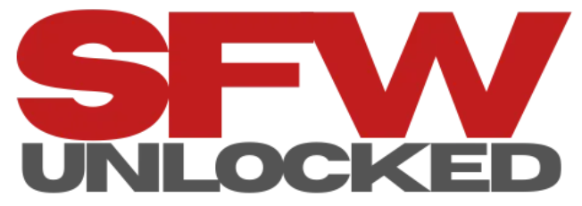 Logo for 'SFW Unlocked' featuring large red 'SFW' text above smaller gray 'Unlocked' text.
